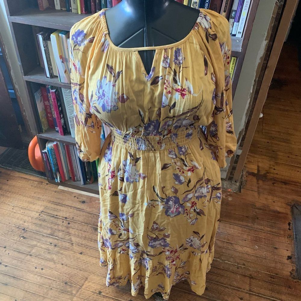Orange Creek modest mustard yellow floral keyhole fit and flare dress